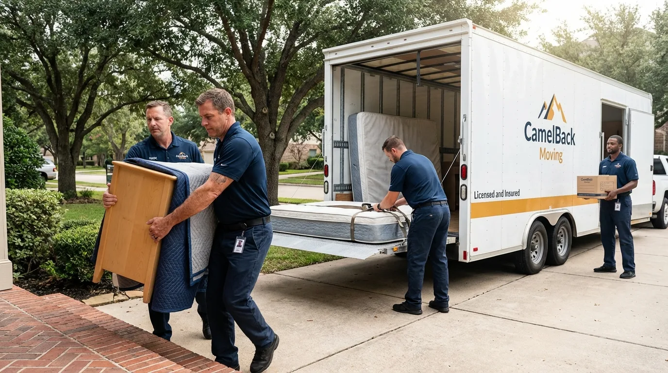 Crew loading residential truck for cross-state move from Mexia, TX