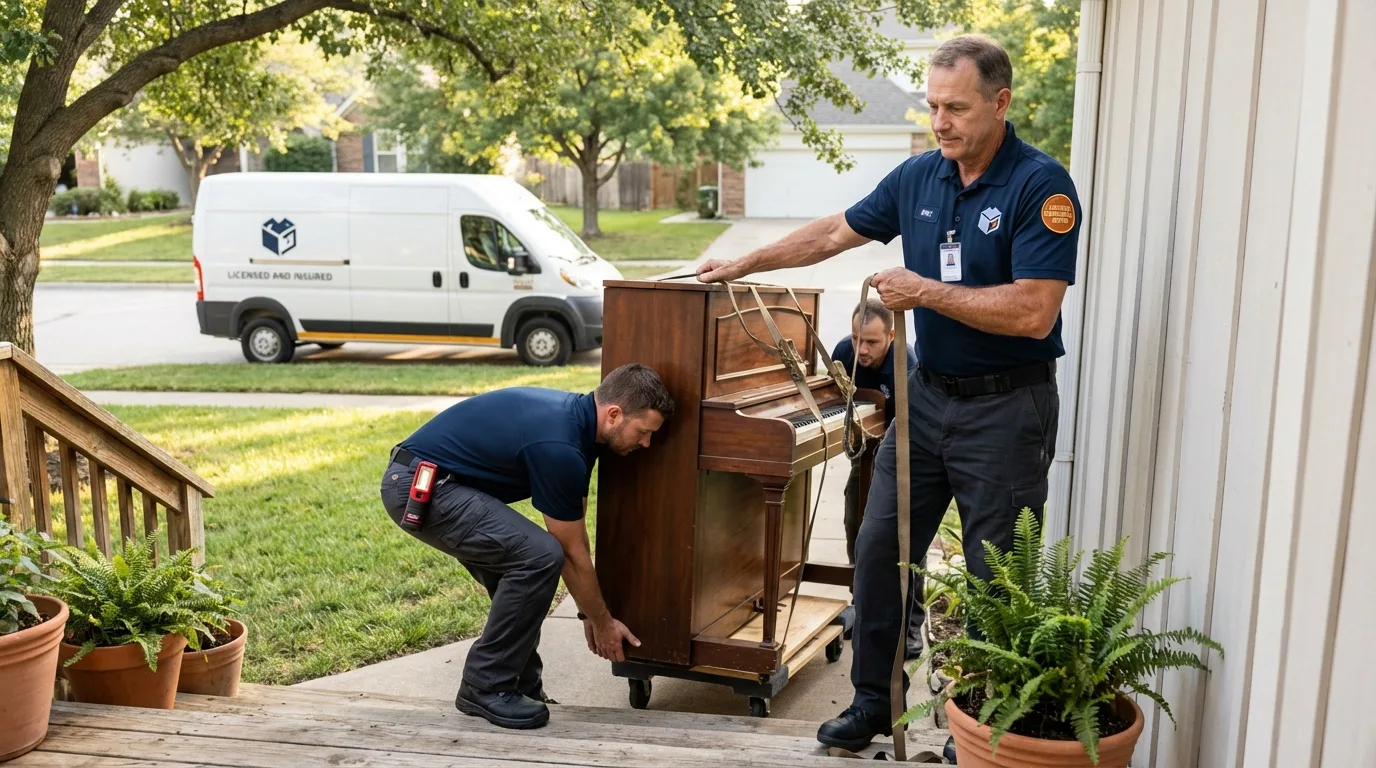 Licensed piano movers securing grand piano in Mexia, TX