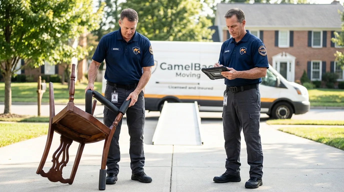 Movers inspecting furniture for damage prevention before loading in Mexia, TX